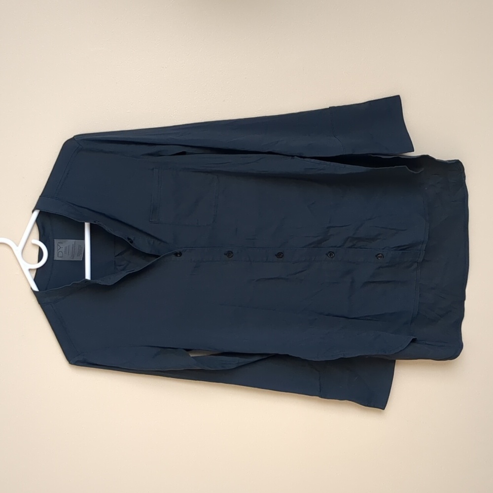 Small Tunic Length Button Up DYI Long Sleeve Shirt Dark Blue